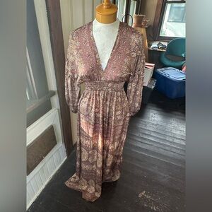 EARTHBOUND Paisley Long Sleeve Dress in Brown and Cream